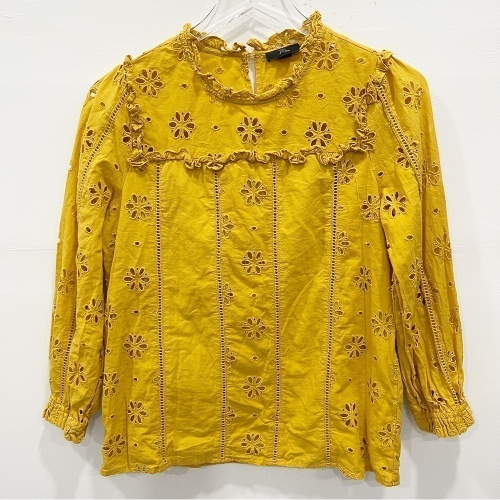 J. Crew Mustard Yellow Eyelet Ruffle Top Size XS
